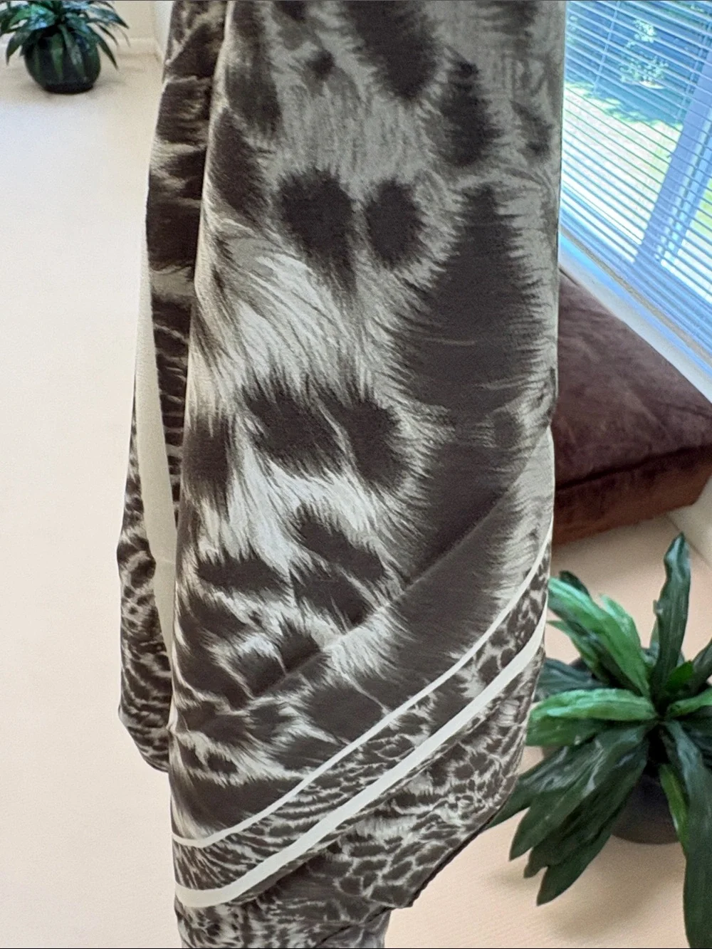 Olive and Cream Leopard Face Silk-Style Scarf